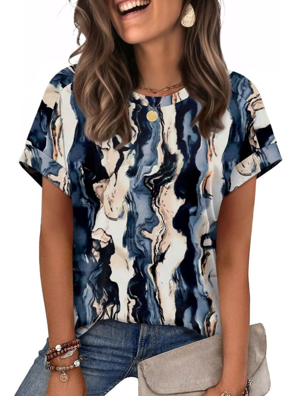 Women Dye Tie Summer Outfits Classic Cloth Pull On Top Short Sleeve Casual Shirt